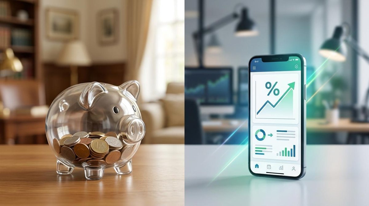 Cerdito transparente con monedas junto a un smartphone mostrando gráficos financieros ascendentes