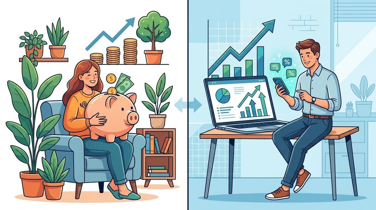 Dos personas administrando finanzas personales con cerdo alcancía, monedas y gráficos de crecimiento en entornos doméstico y laboral