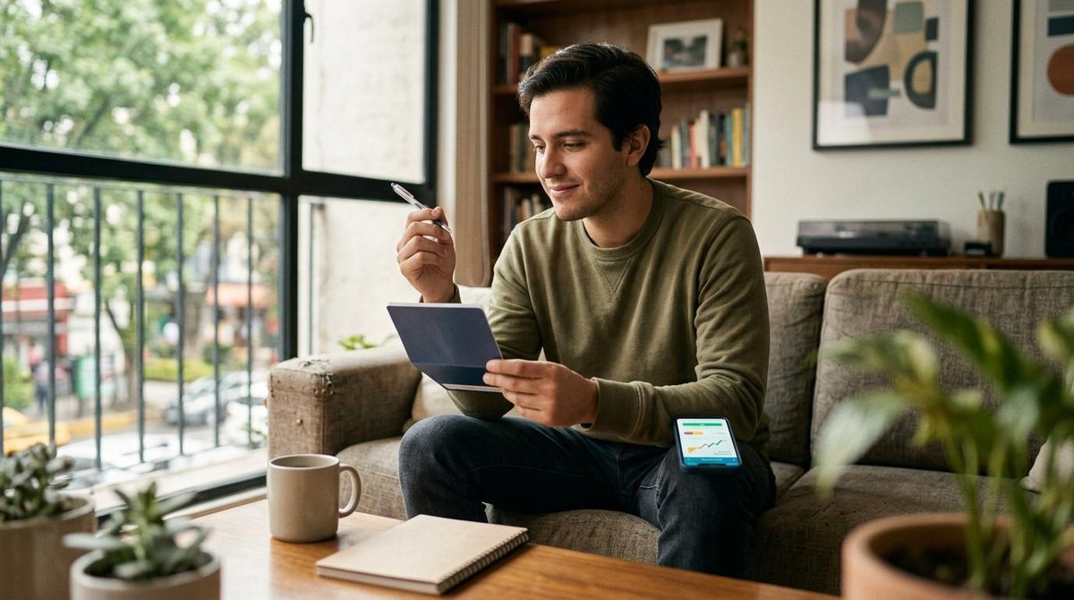 Persona sentada en sofá sosteniendo tablet y teléfono móvil con gráficos, junto a taza y cuaderno
