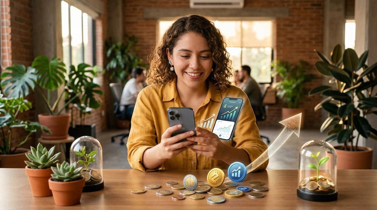 Persona sonriendo mientras usa el teléfono móvil junto a monedas y gráficos de crecimiento financiero sobre una mesa