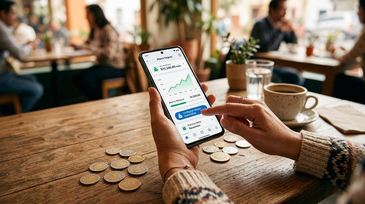 Persona usando aplicación de finanzas en teléfono con monedas sobre mesa de madera