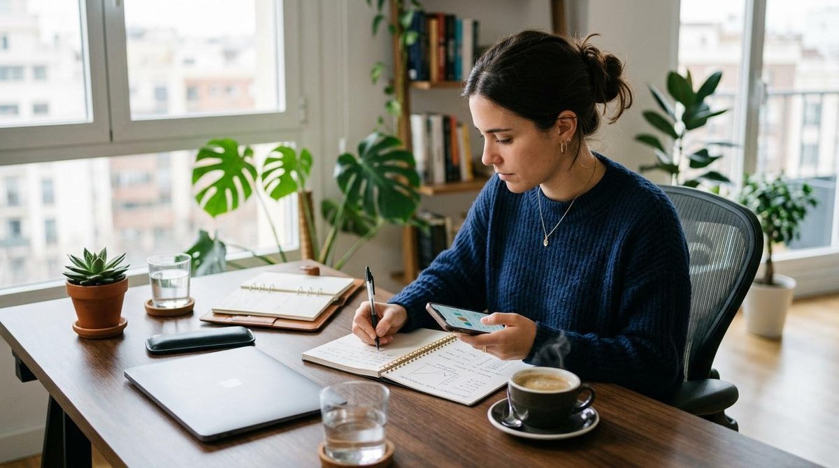 Persona escribiendo en una libreta mientras mira su teléfono en una mesa de trabajo con plantas y café