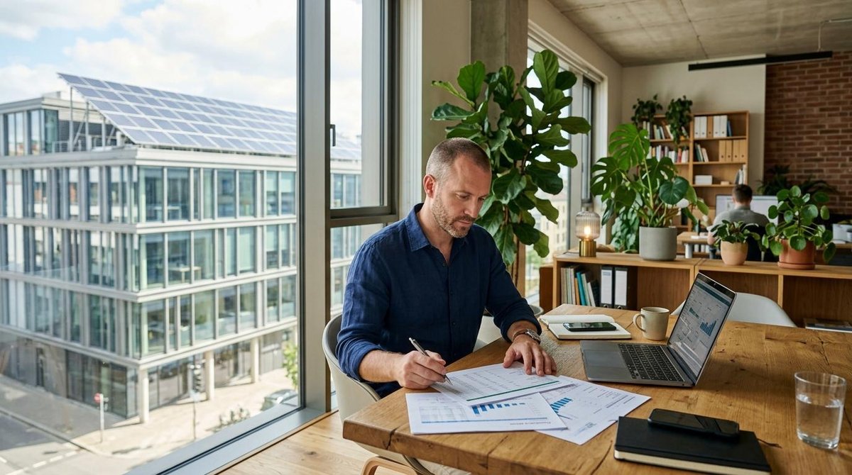 Persona escribiendo sobre documentos con gráficos en escritorio de madera junto a ventana con vista a edificio moderno