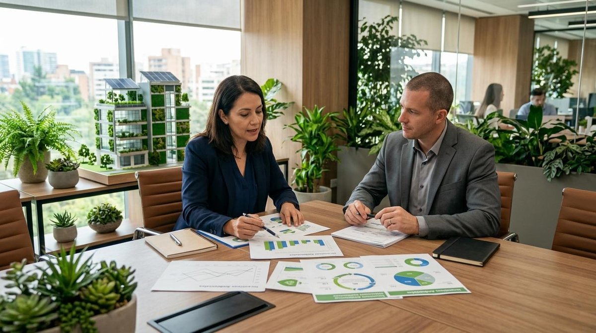 Beneficios fiscales para negocios sustentables en México: guía para aprovecharlos 2 Dos personas revisan documentos con gráficos en una mesa de oficina con plantas y modelo arquitectónico