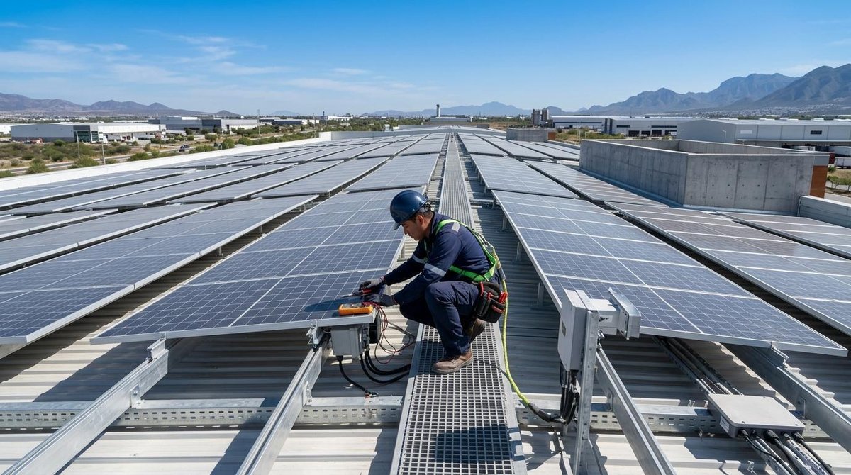 Beneficios fiscales para negocios sustentables en México: guía para aprovecharlos 3 Persona con casco y arnés trabajando en paneles solares sobre techo industrial bajo cielo despejado
