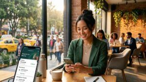 Persona abriendo cuenta en banco digital en un café