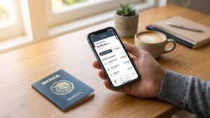 Persona revisa su teléfono móvil con una aplicación bancaria junto a un pasaporte mexicano