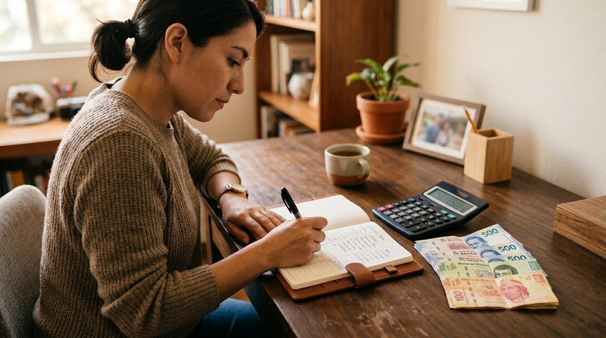 Persona escribiendo en cuaderno junto a billetes y calculadora sobre mesa de madera