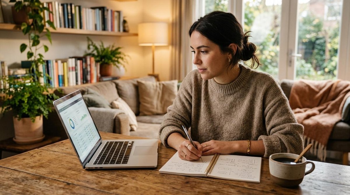 Persona escribiendo en cuaderno junto a laptop con gráficos en mesa de madera