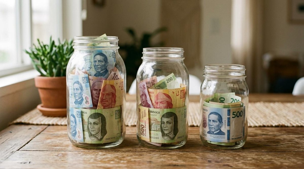 Tres frascos de vidrio llenos de billetes mexicanos sobre una mesa de madera con una planta al fondo