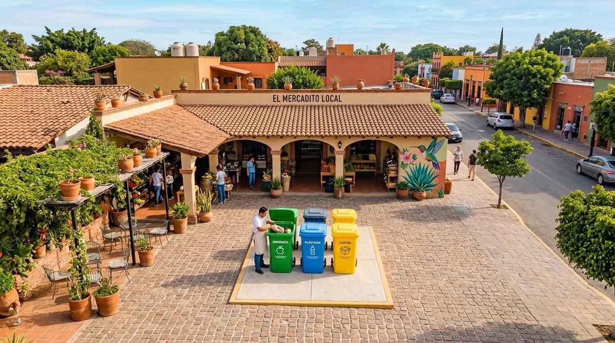 Cómo aplicar economía circular a mi negocio con acciones concretas y medibles 2 Persona separando residuos en contenedores de reciclaje frente al Mercado Local con techos de tejas