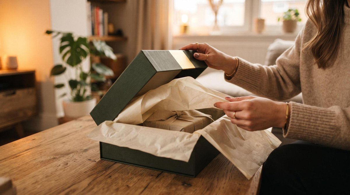 Manos abren caja verde oscuro revelando un regalo envuelto en tela