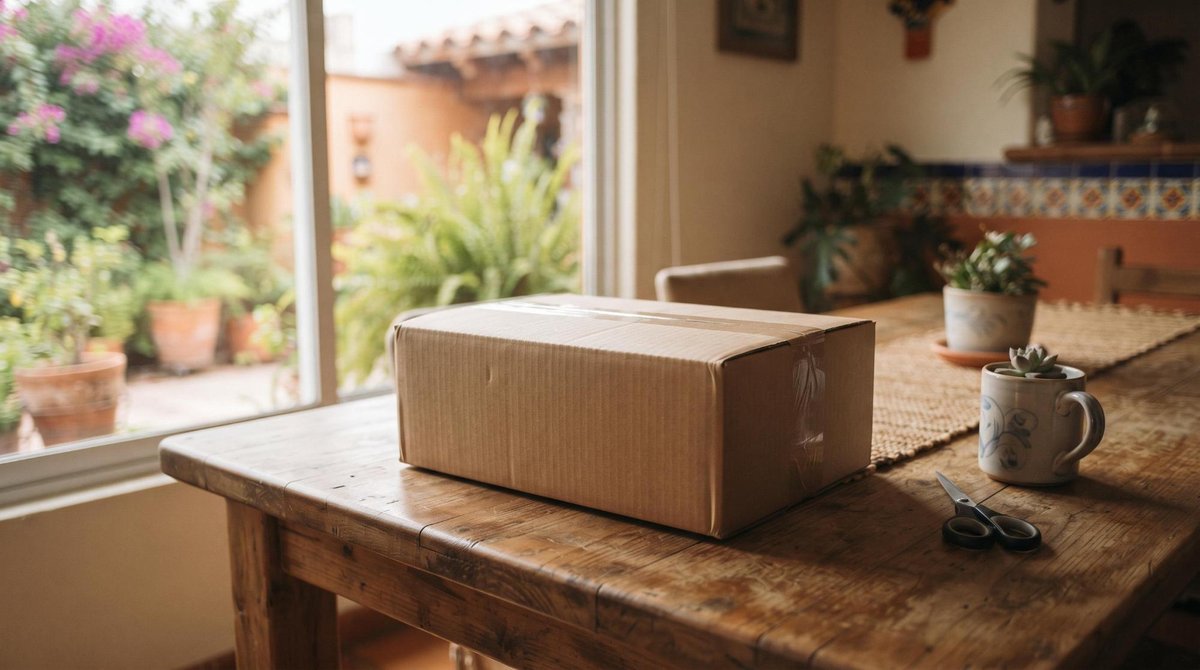 Cómo armar una experiencia de unboxing memorable para tu negocio en línea 2 Caja de cartón cerrada sobre una mesa de madera, con plantas al fondo