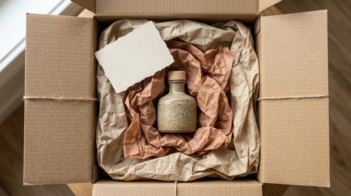 Cómo armar una experiencia de unboxing memorable para tu negocio en línea 3 Frasco entre papeles de envoltorio en una caja