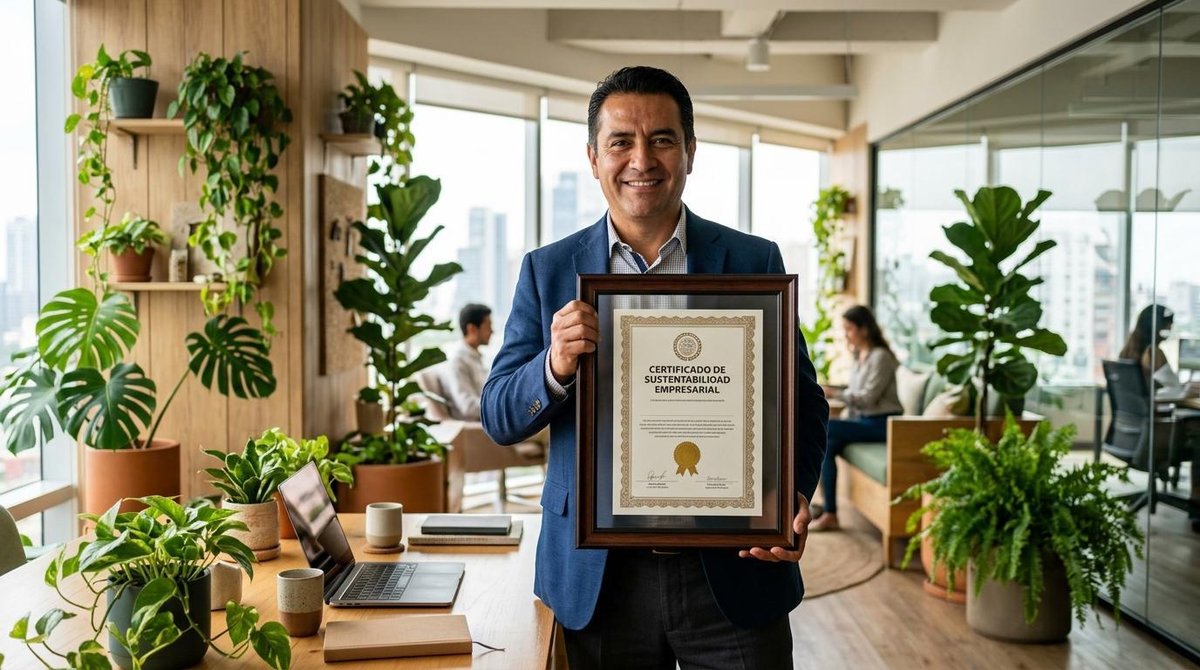 Persona sonriente sosteniendo un certificado de sustentabilidad empresarial en una oficina moderna con muchas plantas verdes alrededor