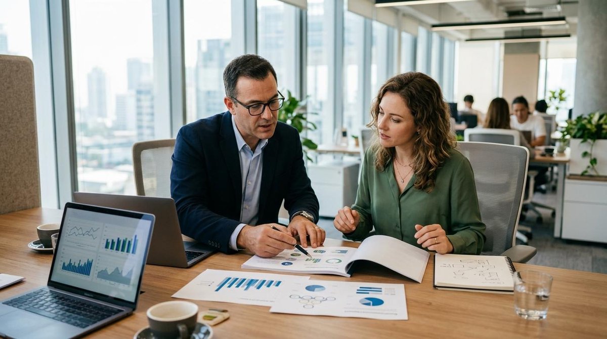 Dos personas revisan gráficos y documentos en una oficina moderna con vista a la ciudad