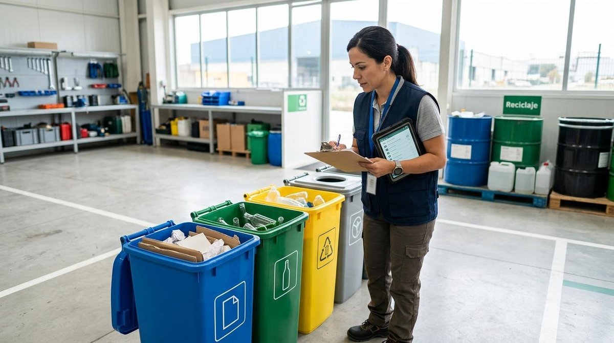 Persona revisando contenedores de reciclaje con una tablet y un bloc de notas en un almacén industrial