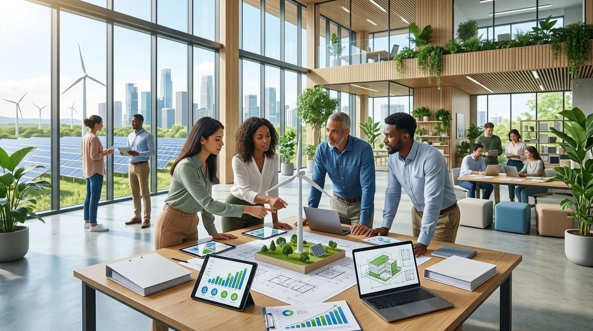 Personas colaborando en oficina moderna con modelos de energía renovable y vistas panorámicas exteriores