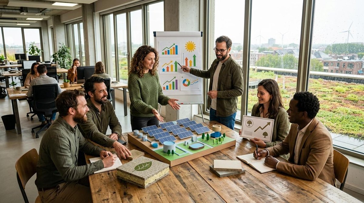 Grupo de personas reunidas en oficina analizando modelo de paneles solares y gráficos de energía renovable