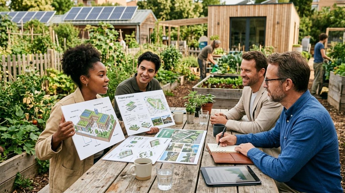 Cuatro personas revisan planos de arquitectura en una mesa de madera dentro de un huerto verde y soleado