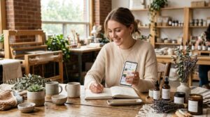 Una mujer joven en un espacio de trabajo moderno y luminoso con tonos cálidos, sosteniendo su teléfono inteligente mientras planifica publicaciones, r