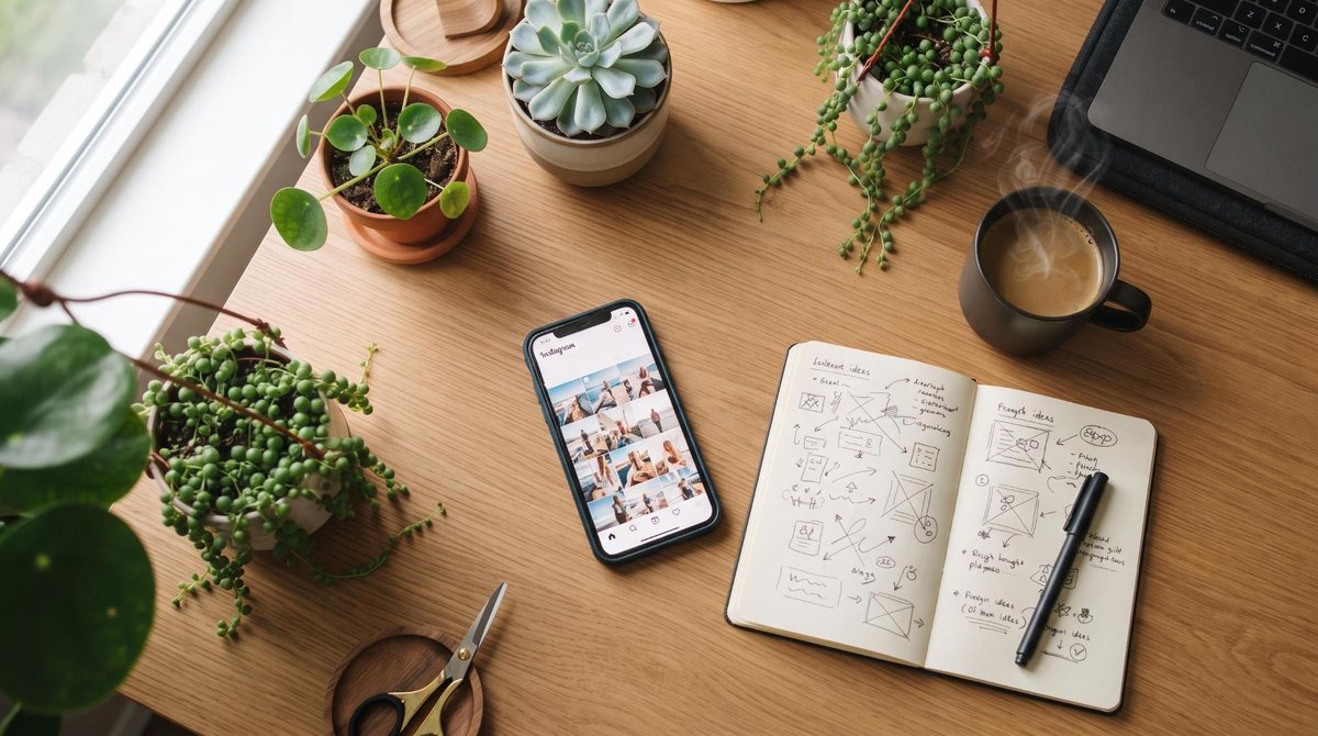 Vista superior de un escritorio limpio y organizado con un smartphone abierto en la aplicación de Instagram, libreta con bocetos de contenido y notas