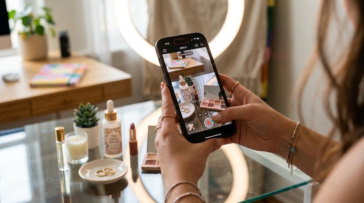 Manos creativas sosteniendo un teléfono inteligente grabando un video tipo reel, con anillos de luz LED iluminando suavemente y productos pequeños org