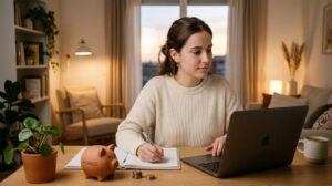 Persona escribiendo en cuaderno junto a cerdito de ahorros y monedas sobre mesa de madera
