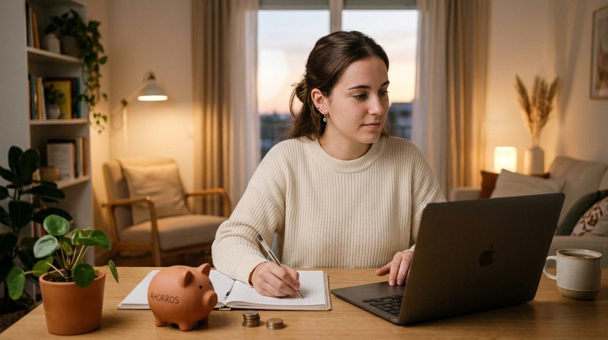 Persona escribiendo en cuaderno junto a cerdito de ahorros y monedas sobre mesa de madera