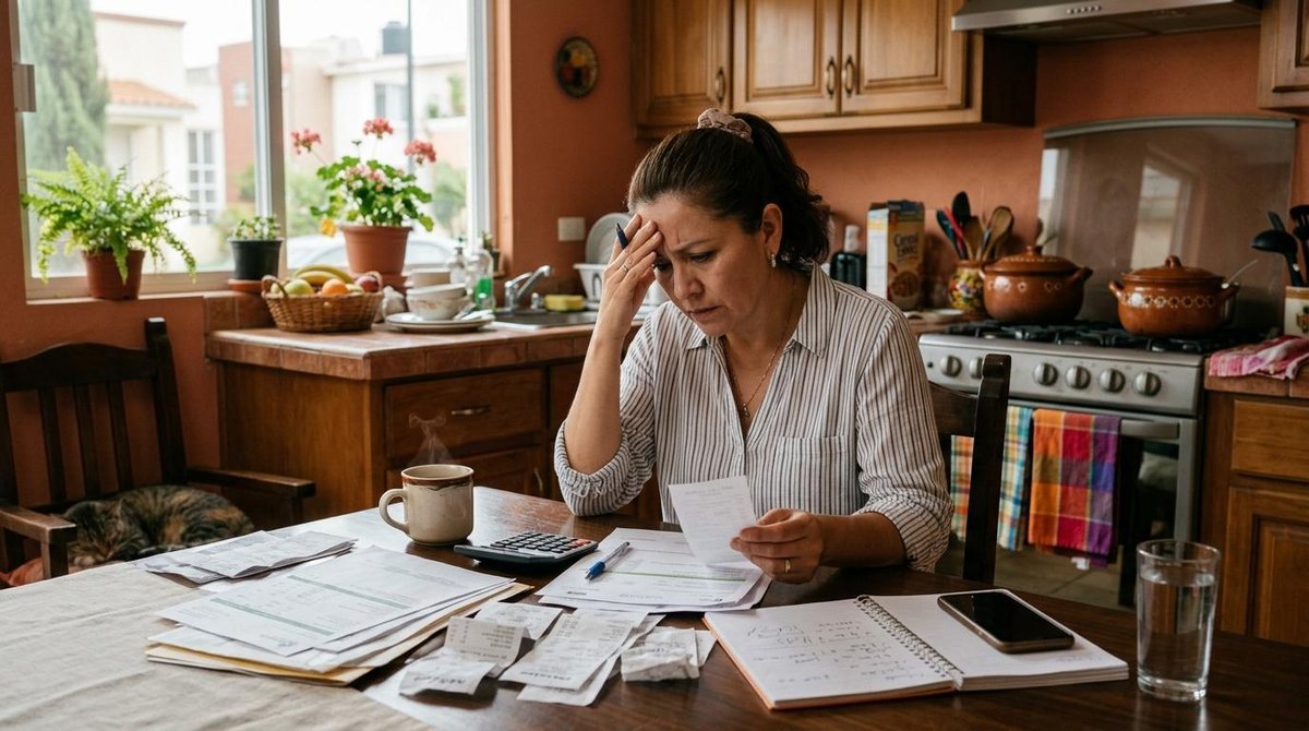 Persona revisando facturas y recibos en una mesa de cocina con calculadora y cuaderno abierto