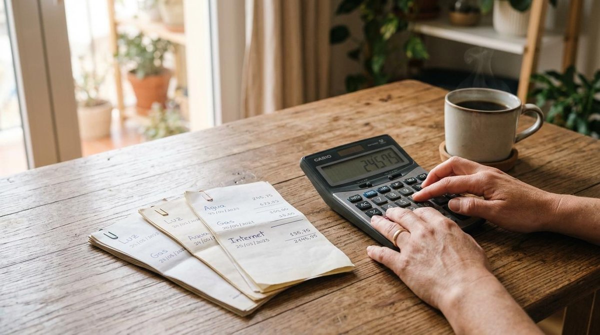 Persona usando calculadora sobre mesa de madera junto a facturas y taza de café humeante