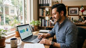 Un propietario de PyME mexicano analizando métricas de satisfacción del cliente en una laptop moderna, con gráficos y visualizaciones de datos en la p
