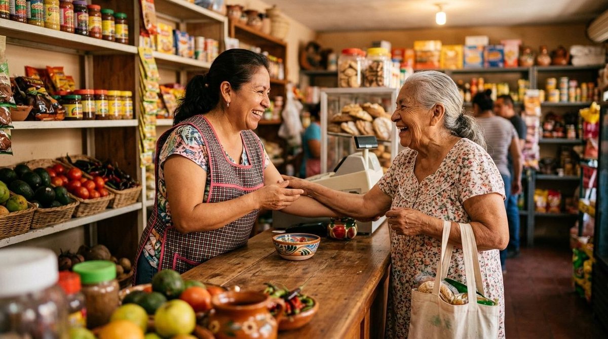 Un dueño de negocio local conversando calidamente con un cliente satisfecho en su establecimiento, mostrando una relación de confianza y cercanía típi