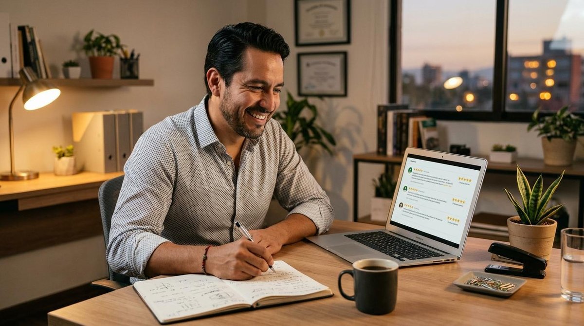 Persona sonriendo mientras escribe en un cuaderno, con una laptop abierta y una taza de café en el escritorio