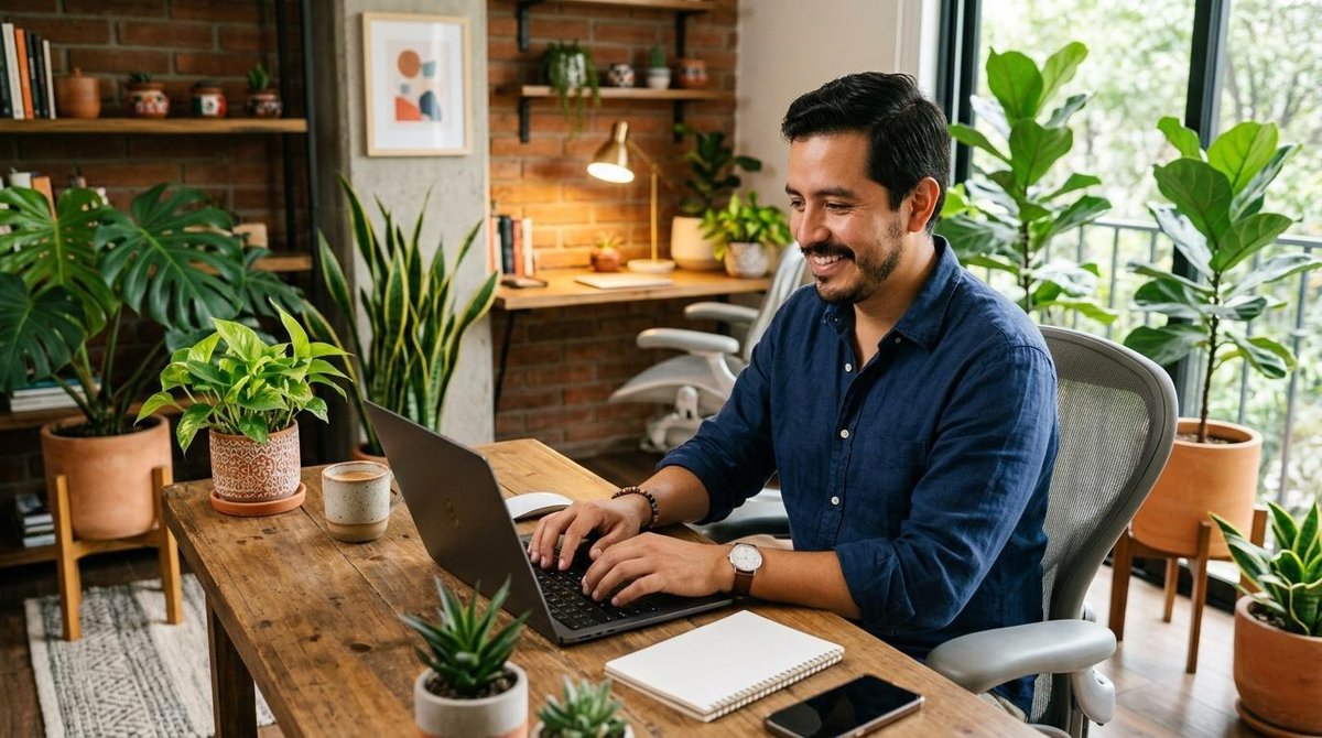 Persona sonriendo mientras escribe en una laptop sobre una mesa de madera rodeada de plantas
