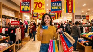 Mujer que usa la TarjetaMi en el Buen Fin para maximizar descuentos.
