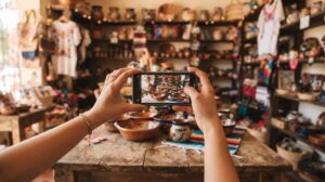 Manos sosteniendo un smartphone grabando un video de producto sobre una mesa con iluminación cálida, ambiente de pequeño negocio mexicano con producto