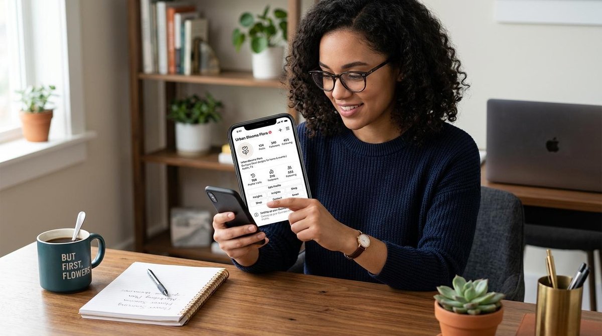 Cómo usar TikTok para vender: guía práctica para tu negocio en México 2 Persona configurando una cuenta de negocio en su teléfono móvil, vista del perfil de redes sociales en la pantalla con iconos de estadísticas y botones.