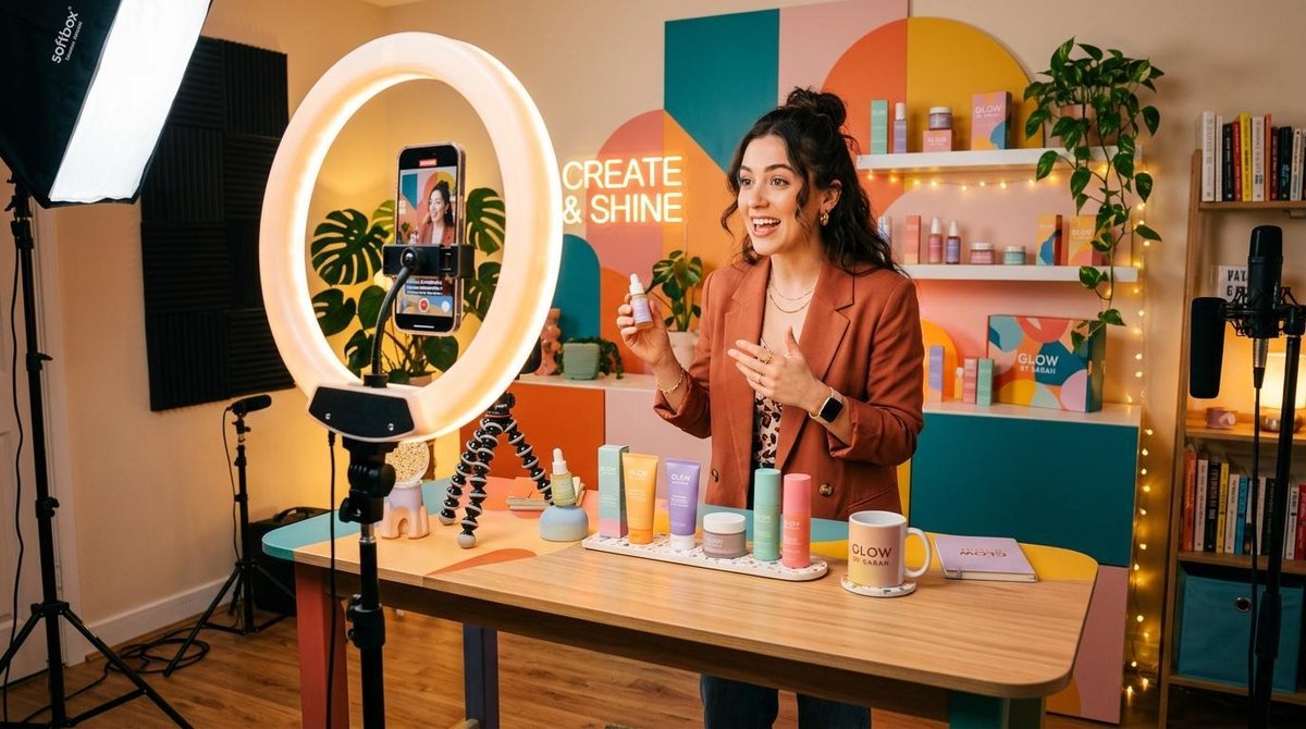 Cómo usar TikTok para vender: guía práctica para tu negocio en México 3 Emprendedora grabando contenido para redes sociales con un teléfono en trípode, mostrando productos sobre una mesa estilizada con fondos coloridos