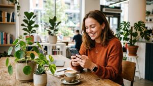 Persona sonriendo mientras usa el teléfono móvil en una mesa de madera con plantas y café