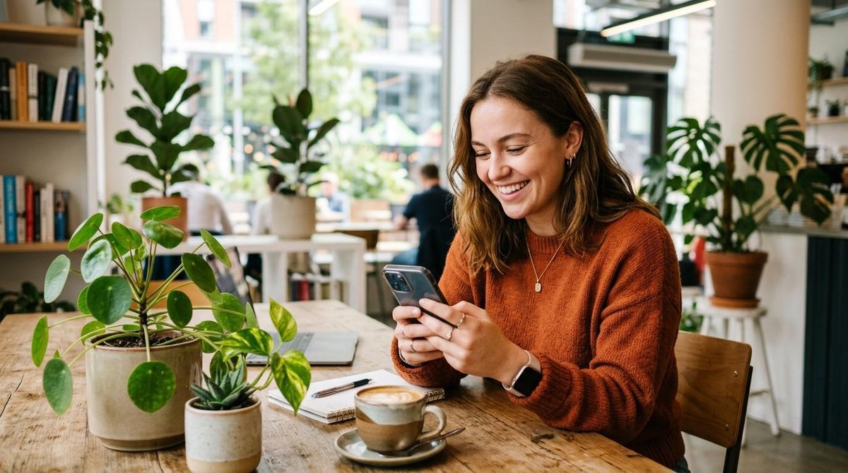Persona sonriendo mientras usa el teléfono móvil en una mesa de madera con plantas y café