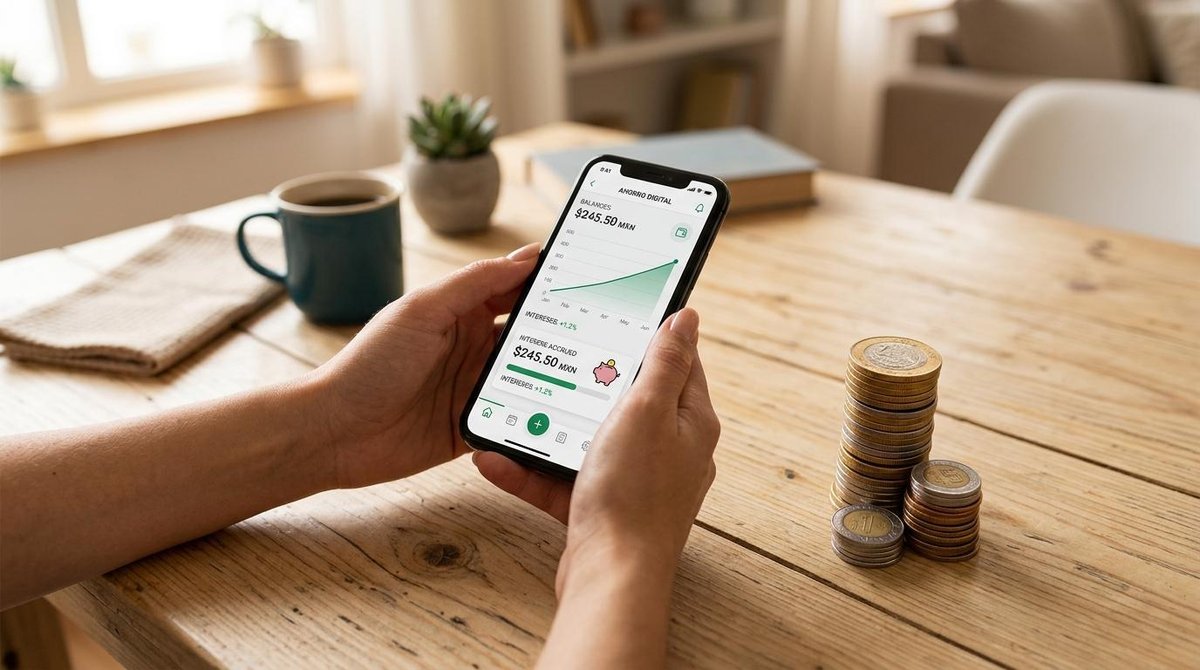 Cuenta con rendimiento en Mercado Pago: cómo funciona y qué necesitas saber 2 Persona sosteniendo un teléfono con aplicación financiera junto a pilas de monedas sobre mesa de madera