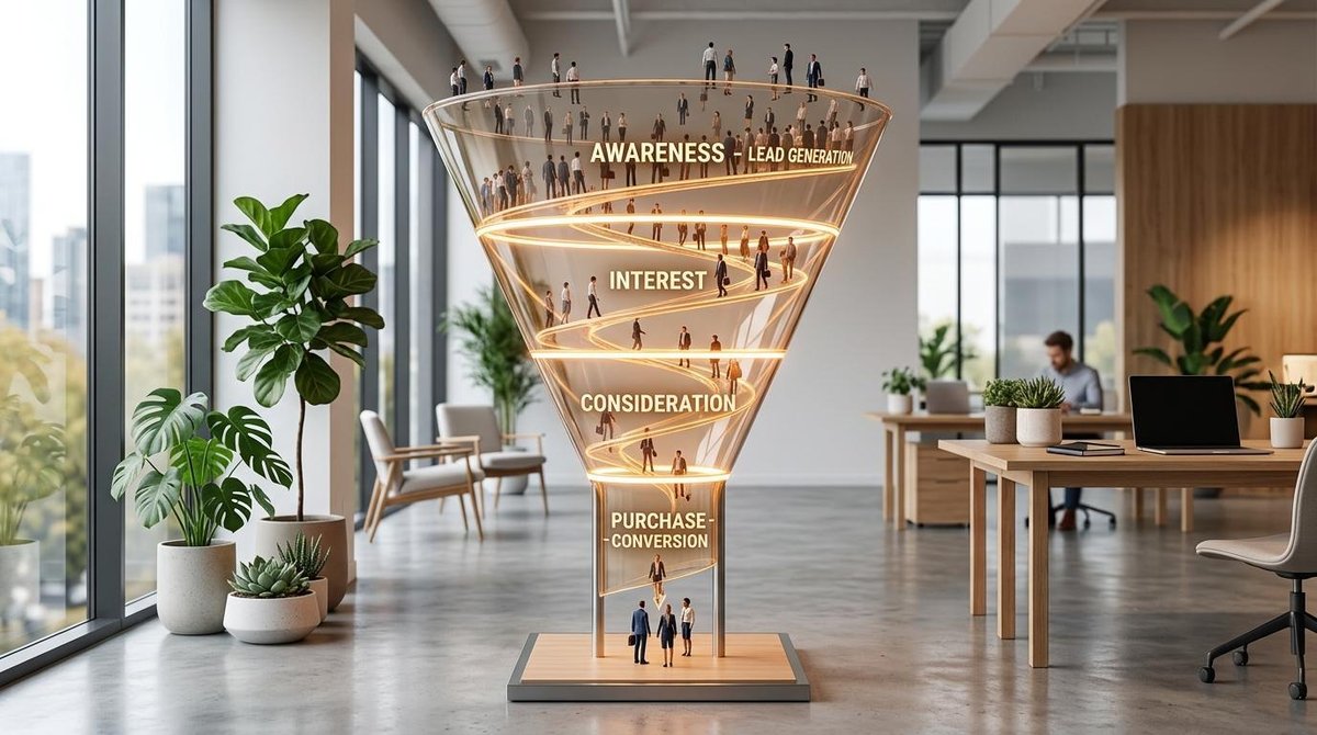 Representación visual de un embudo de ventas con una estructura de cristal transparente donde figuras humanas pequeñas descienden desde la parte ancha