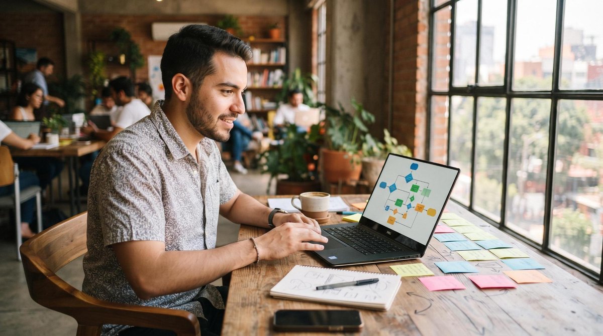 Emprendedor mexicano analizando un diagrama de proceso comercial en una laptop, sentado en un espacio de coworking moderno con iluminación natural cál