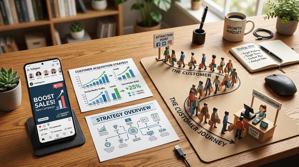 Vista superior de un escritorio de trabajo con elementos que representan la atracción de clientes: smartphone mostrando una app de redes sociales, grá