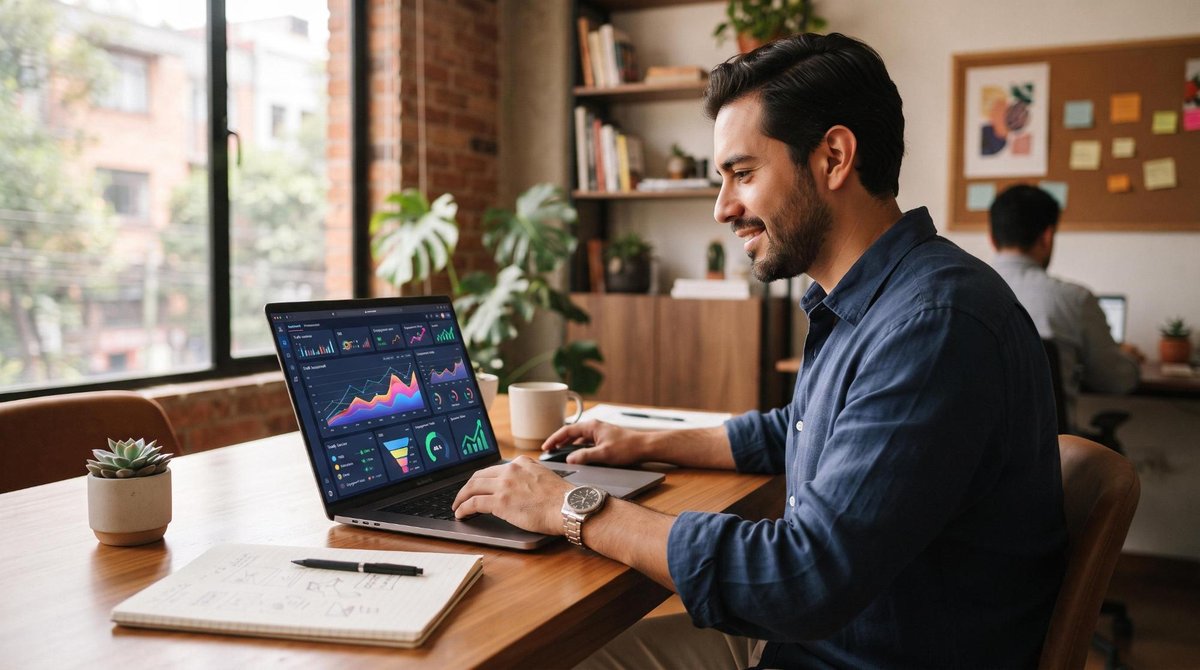 Un emprendedor mexicano trabajando en su laptop en una oficina pequeña pero moderna, con gráficos de marketing digital y métricas visibles en la panta