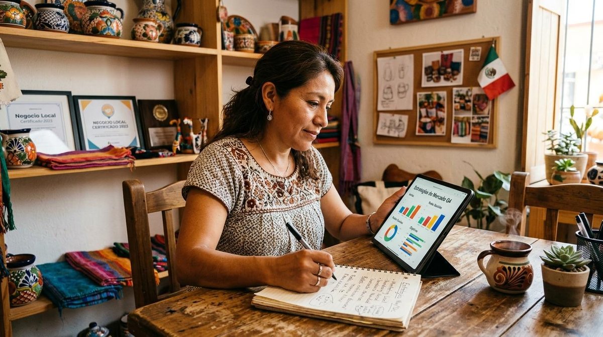Pequeña empresaria revisando estrategias en una tablet y tomando notas en un cuaderno, sentada en un espacio de trabajo acogedor con elementos que sug