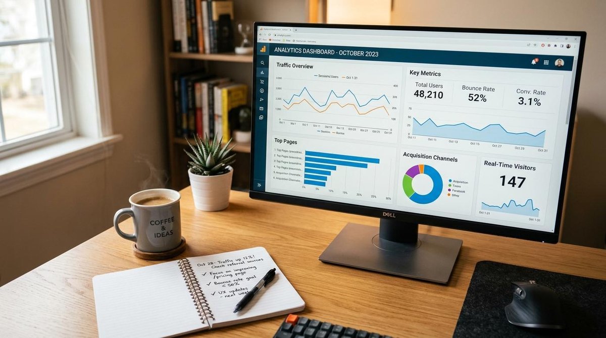 Primer plano de un monitor mostrando paneles de analítica web y métricas de rendimiento, con un escritorio ordenado que incluye un cuaderno con apunte