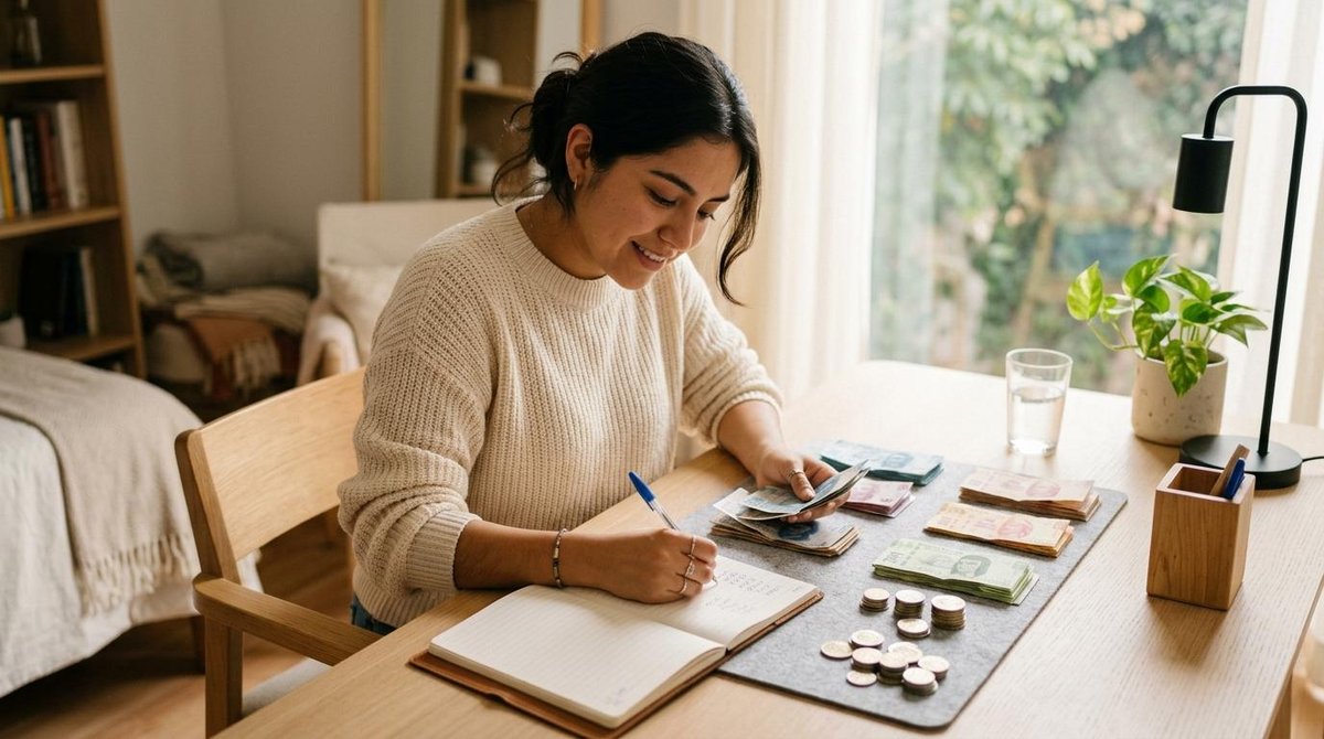 Persona sonriente escribiendo en un cuaderno mientras organiza billetes y monedas sobre una mesa de madera