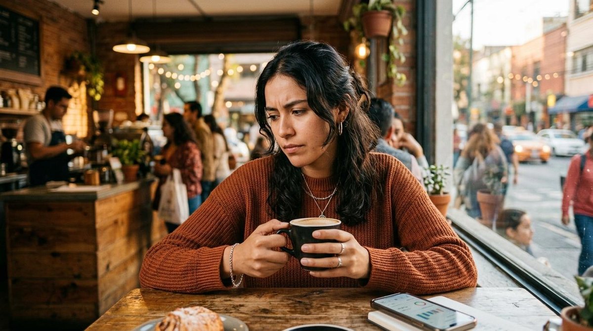 Mejores estrategias de ahorro para principiantes que puedes aplicar desde hoy 2 Persona con suéter marrón sostiene taza de café frente a ventana de cafetería con teléfono al lado